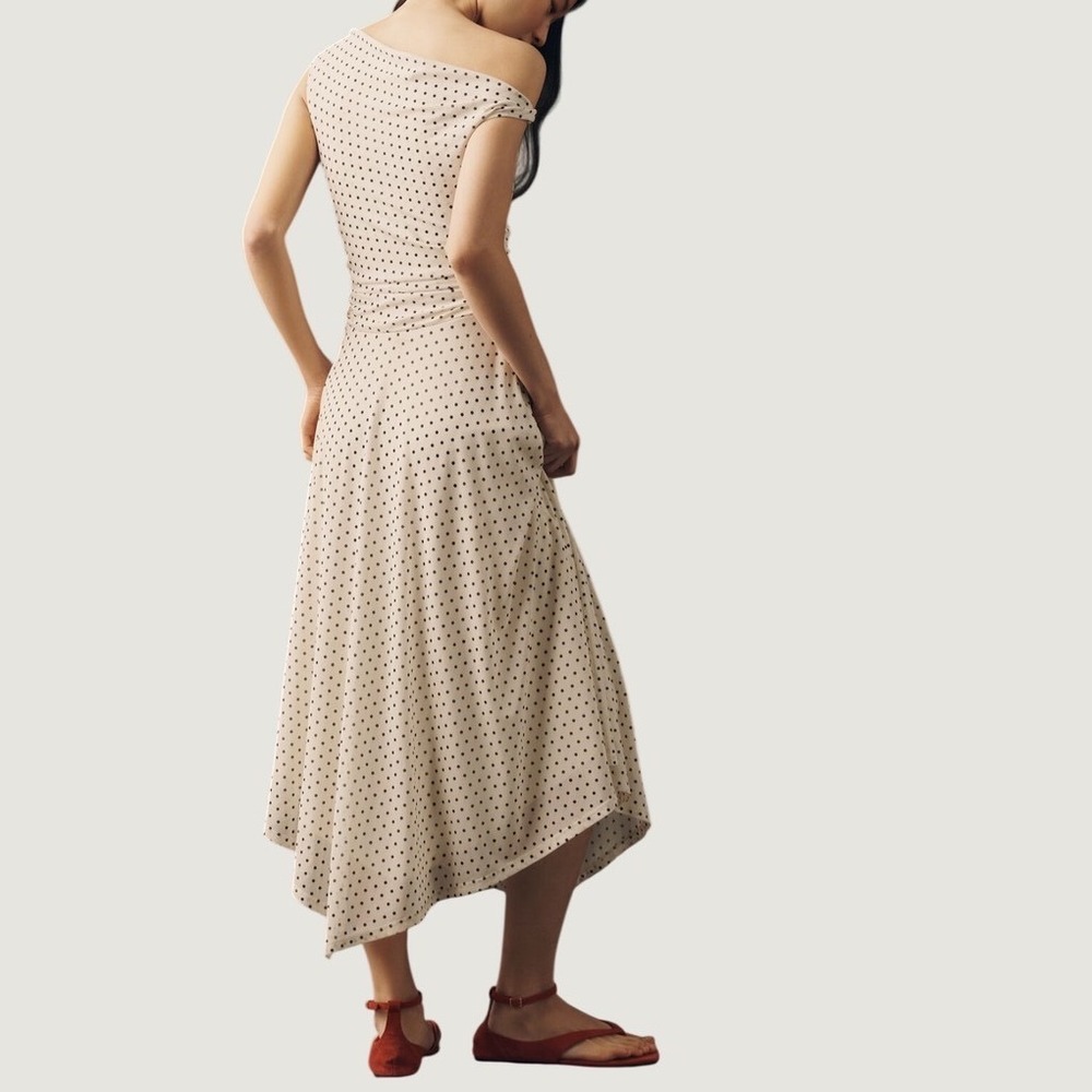 ASTR the Label Ciarra Dress M One Shoulder Polka Dot Mesh Midi Ivory Black - Picture 4 of 10